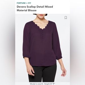 NWT Devora Scallop Detail Mixed Material Blouse